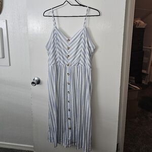 Blue & White Buttoned Spaghetti Strap Midi Sundress